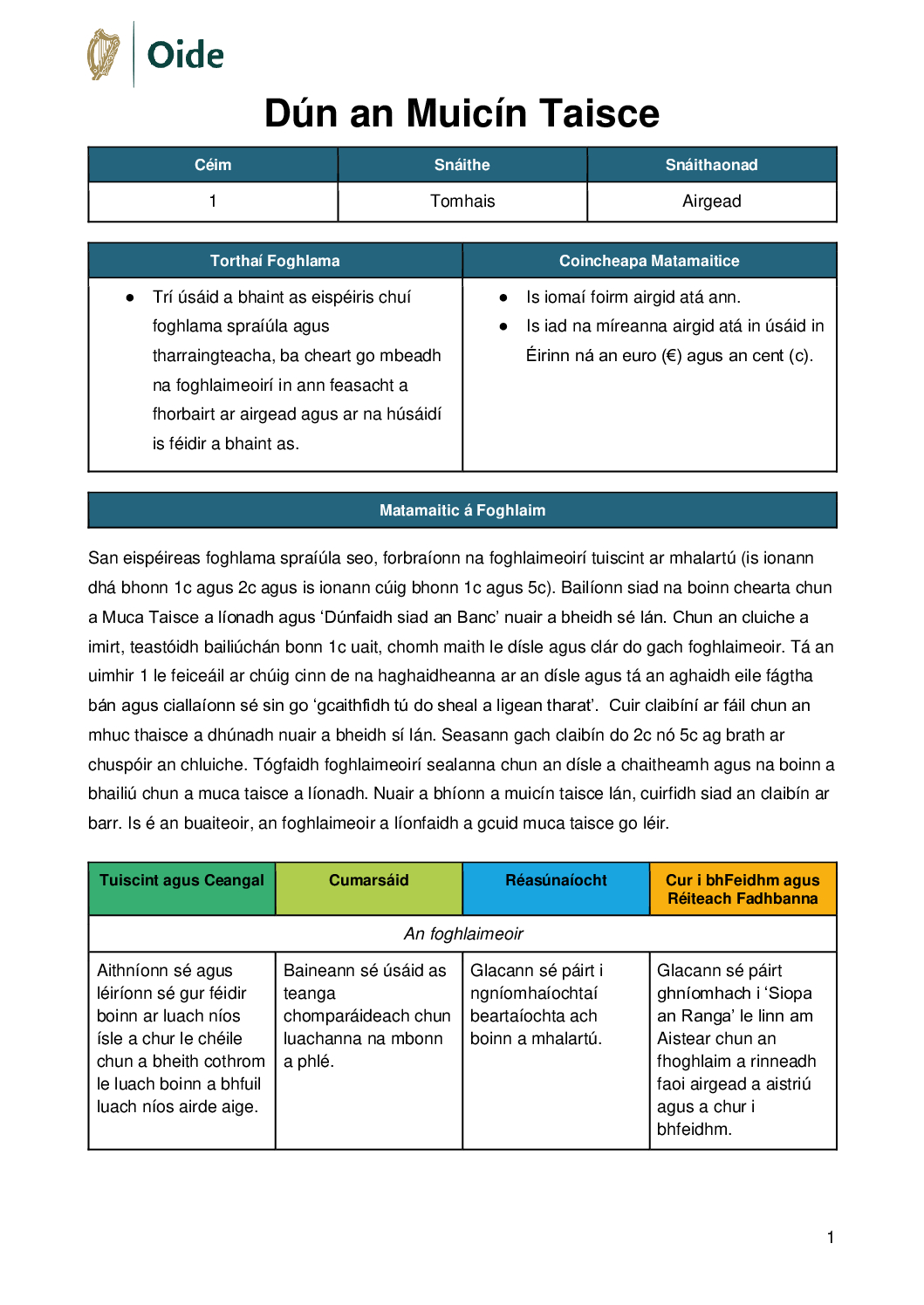 Dun an Muicin Taisce Ceim 1 Airgead pdf