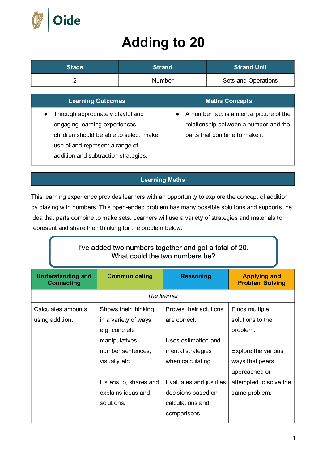 Adding to 20 Stage 2 Sets and Operations pdf